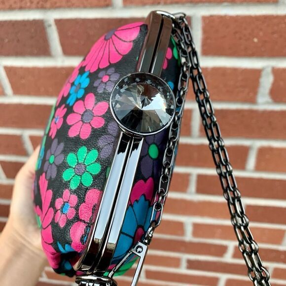 Colorful Floral Genuine Leather Diamond Shaped Push-lock Bucket Bag/Crossbody - Picture 14 of 16